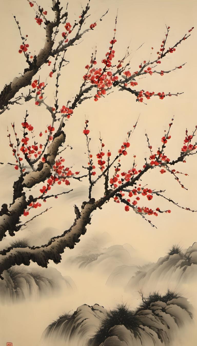 Chinese Paintings,Chinese Paintings, Nature, plum blossom, no humans, tree, branch, scenery, flower, mountain