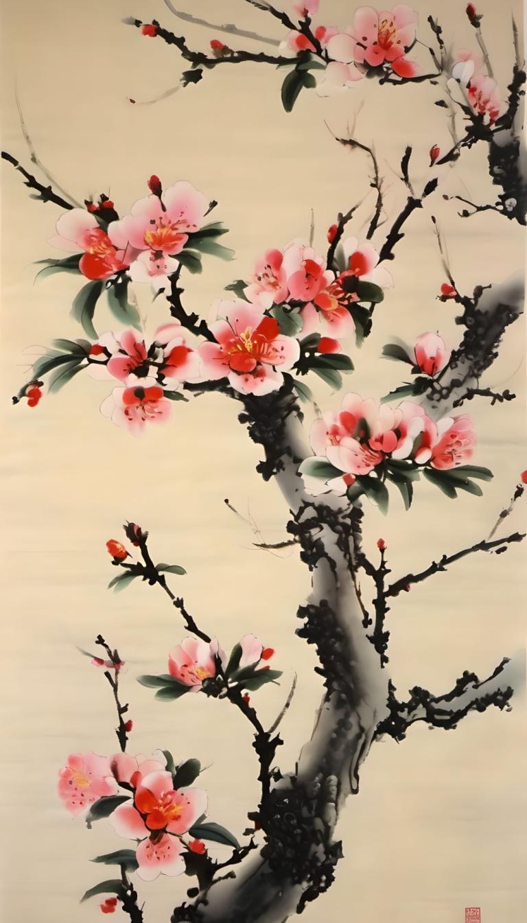 Chinese Paintings,Chinese Paintings, Nature, plum blossom, no humans, branch, traditional media, flower, tree