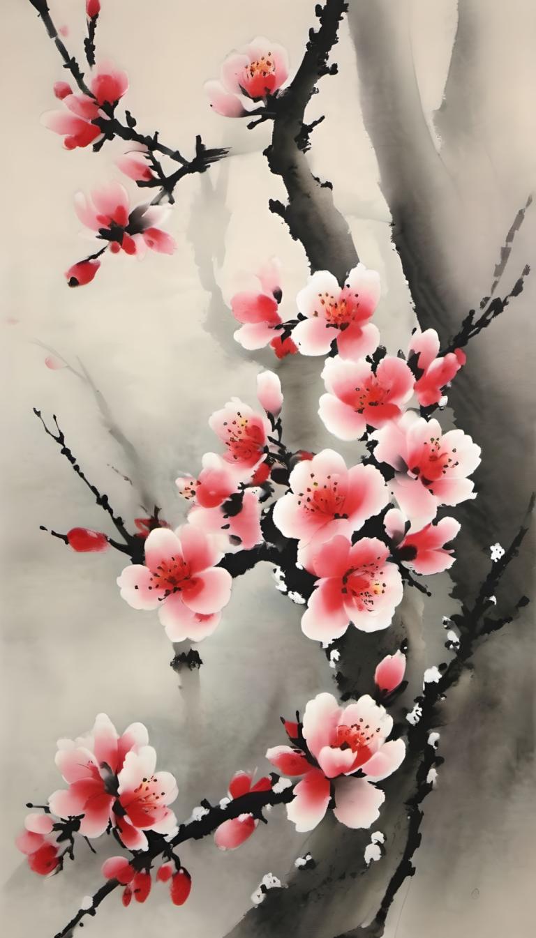 Chinese Paintings,Chinese Paintings, Nature, plum blossom, no humans, tree, flower, branch, cherry blossoms