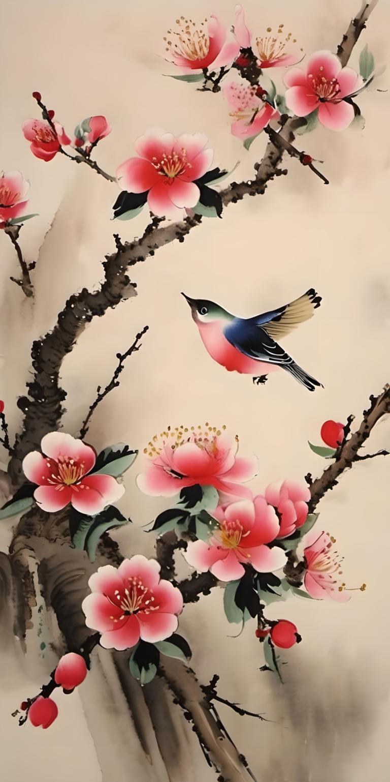 Chinese Paintings,Chinese Paintings, Nature, plum blossom, no humans, bird, flower, tree, branch