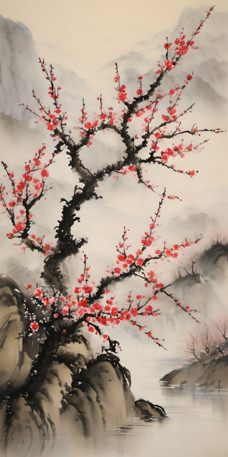 Chinese Paintings,Chinese Paintings, Nature, plum blossom, no humans, tree, scenery, mountain, fog, outdoors