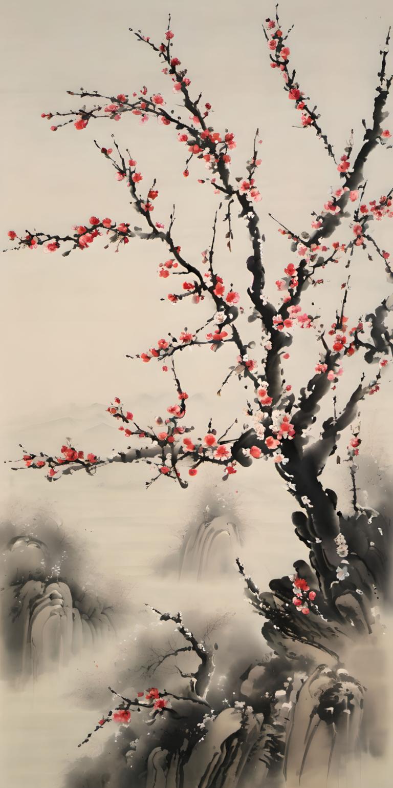 Chinese Paintings,Chinese Paintings, Nature, plum blossom, tree, flower, spot color, solo, scenery