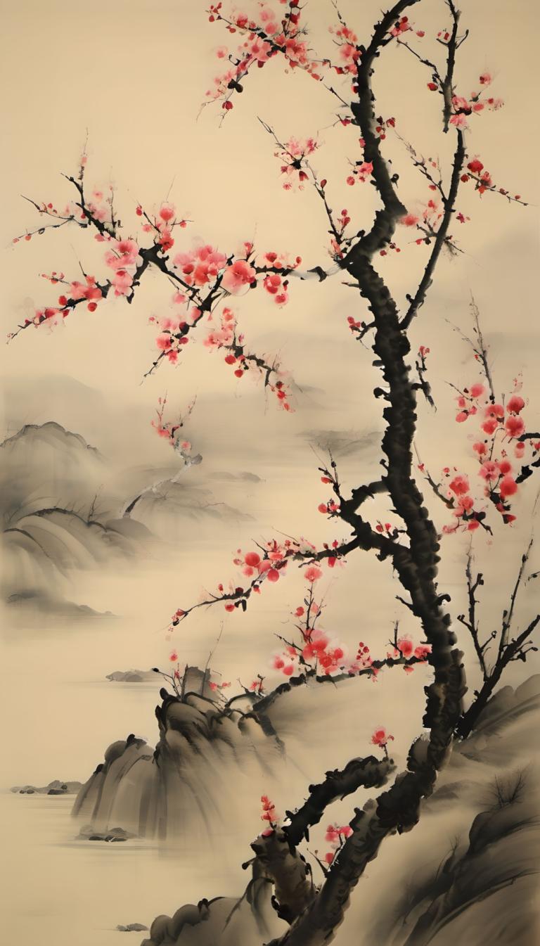 Chinese Paintings,Chinese Paintings, Nature, plum blossom, tree, scenery, flower, no humans, mountain, branch