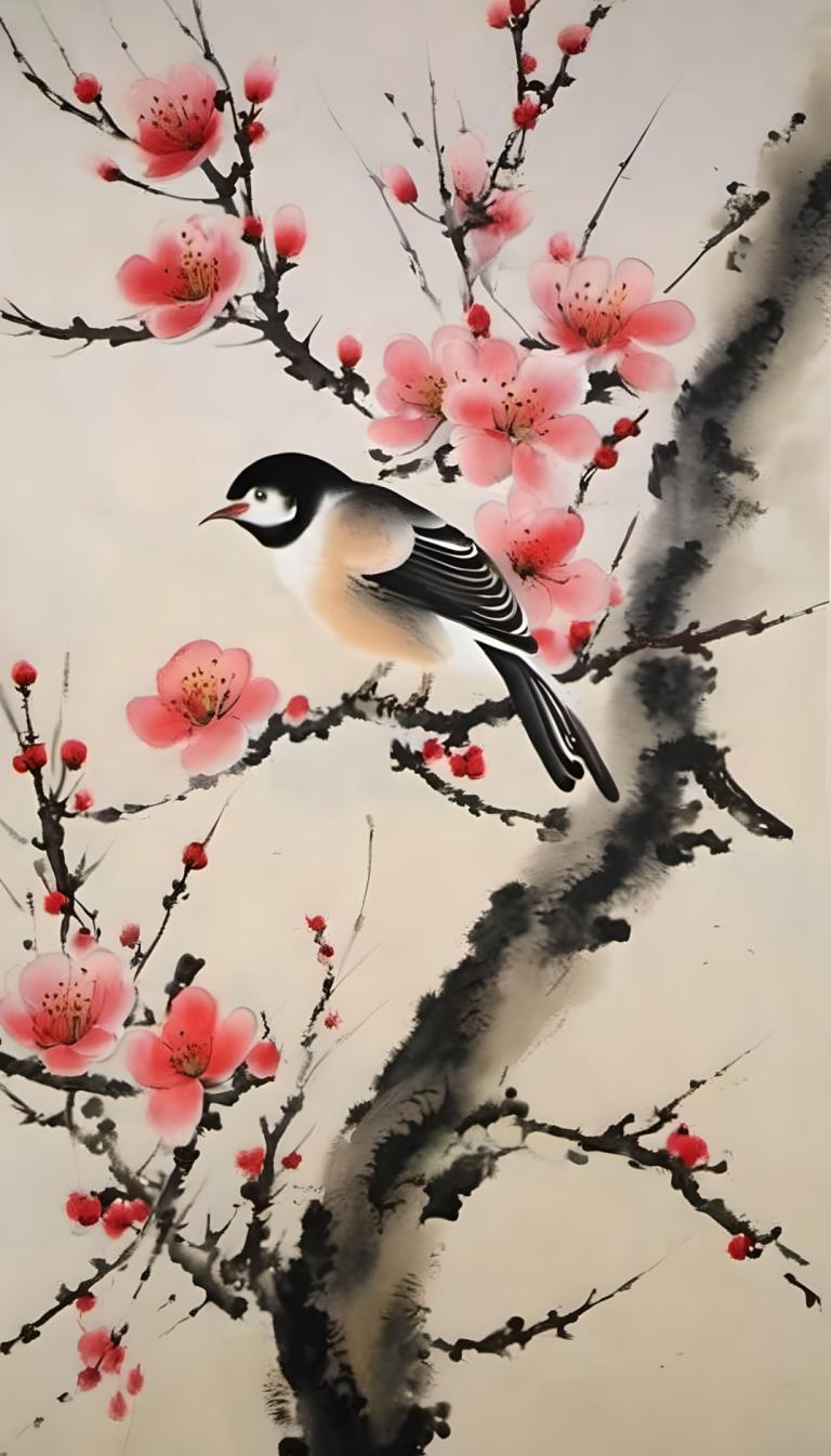 Chinese Paintings,Chinese Paintings, Nature, plum blossom, bird, no humans, flower, traditional media, branch