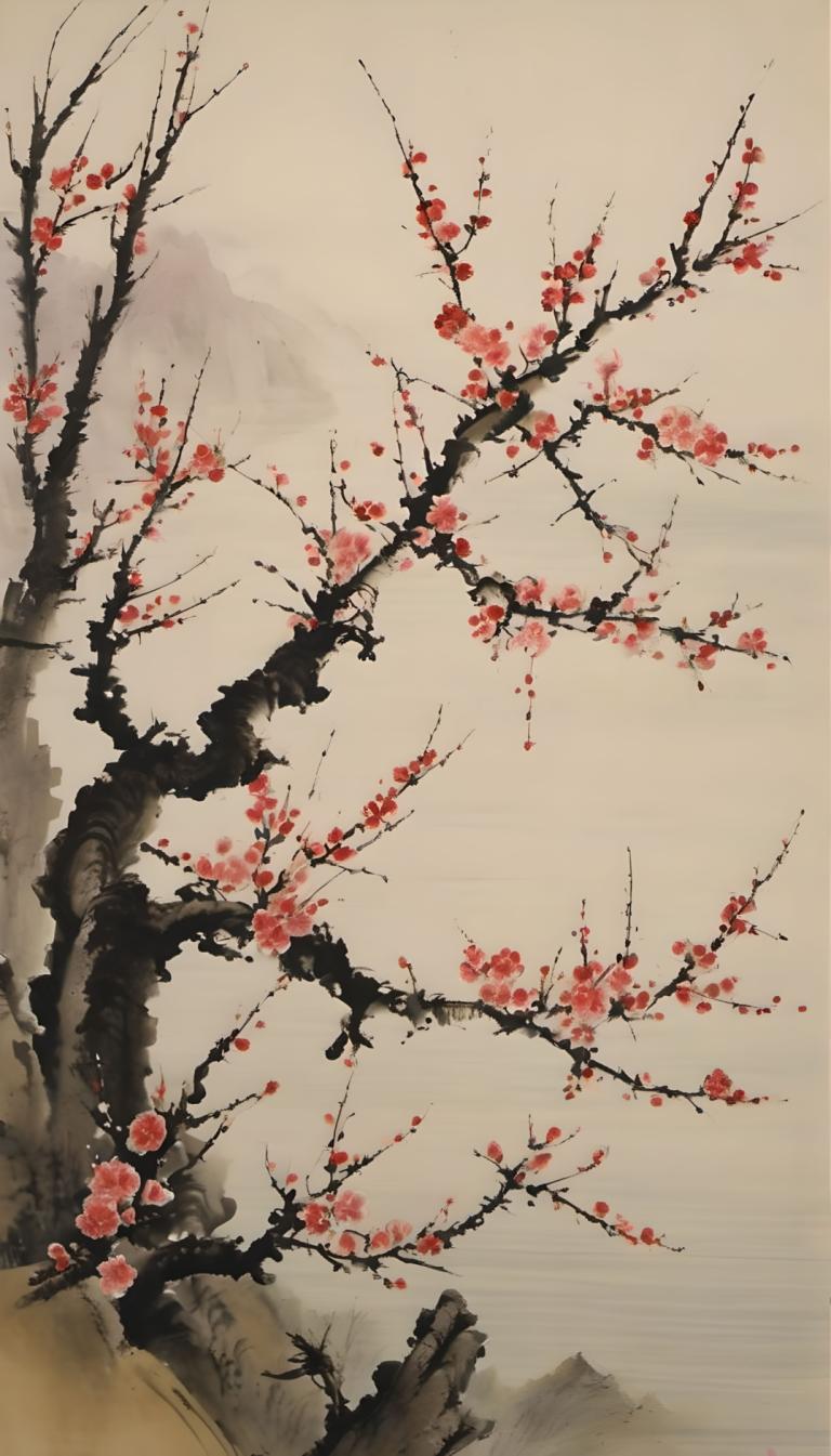 Chinese Paintings,Chinese Paintings, Nature, plum blossom, no humans, tree, scenery, outdoors, flower