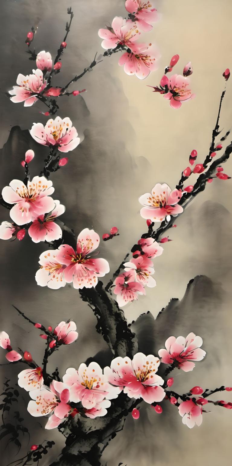 Chinese Paintings,Chinese Paintings, Nature, plum blossom, no humans, scenery, branch, tree, flower