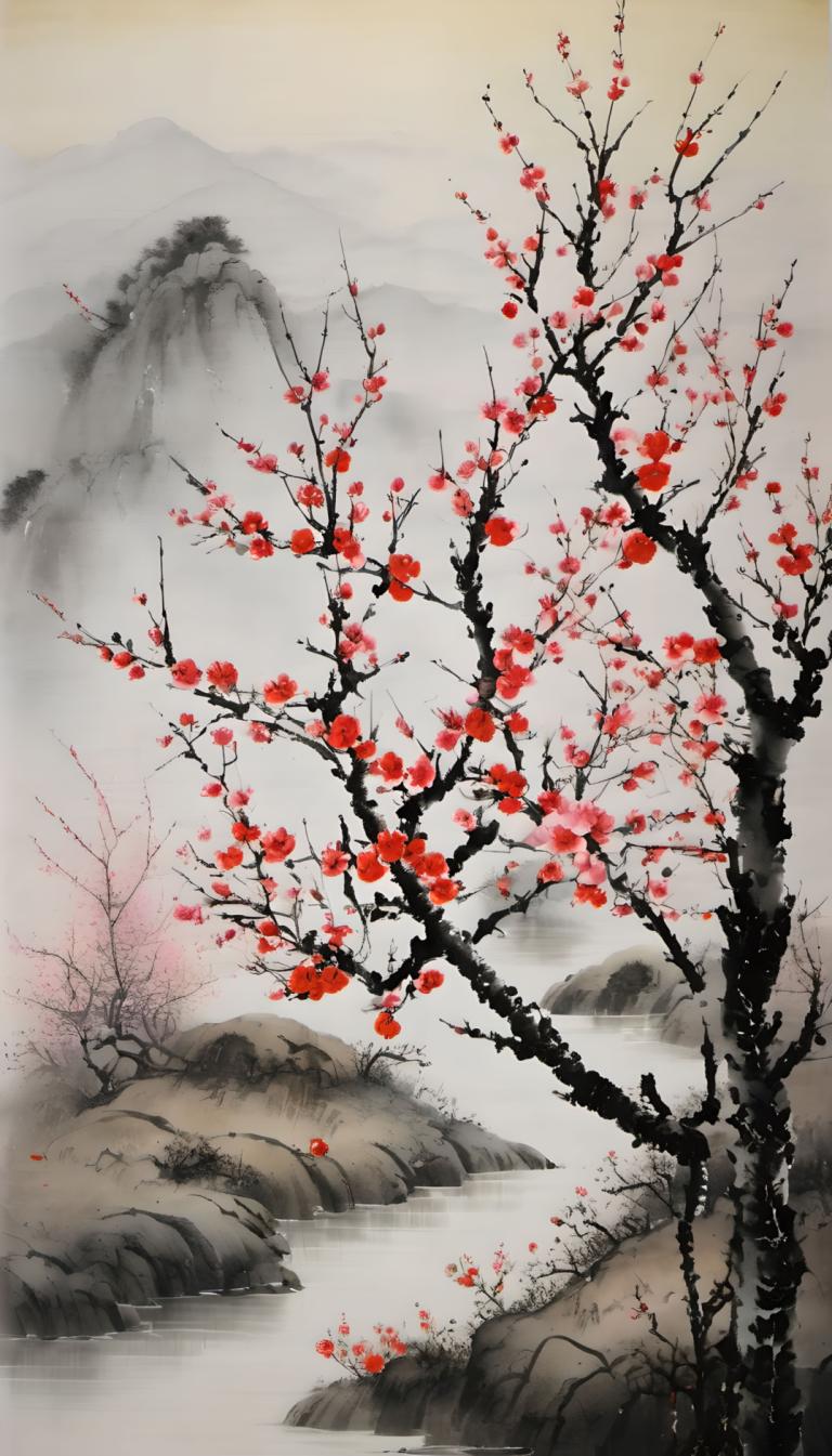 Chinese Paintings,Chinese Paintings, Nature, plum blossom, no humans, tree, scenery, outdoors, mountain