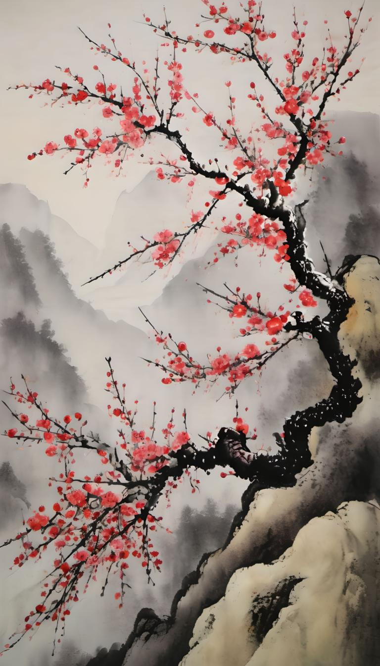 Chinese Paintings,Chinese Paintings, Nature, plum blossom, no humans, tree, scenery, mountain, outdoors