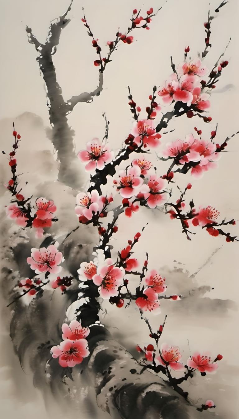 Chinesische Gemälde,Chinesische Gemälde, Natur, Pflaumenblüte, keine Menschen, Baum, Zweig, Blume, Landschaft