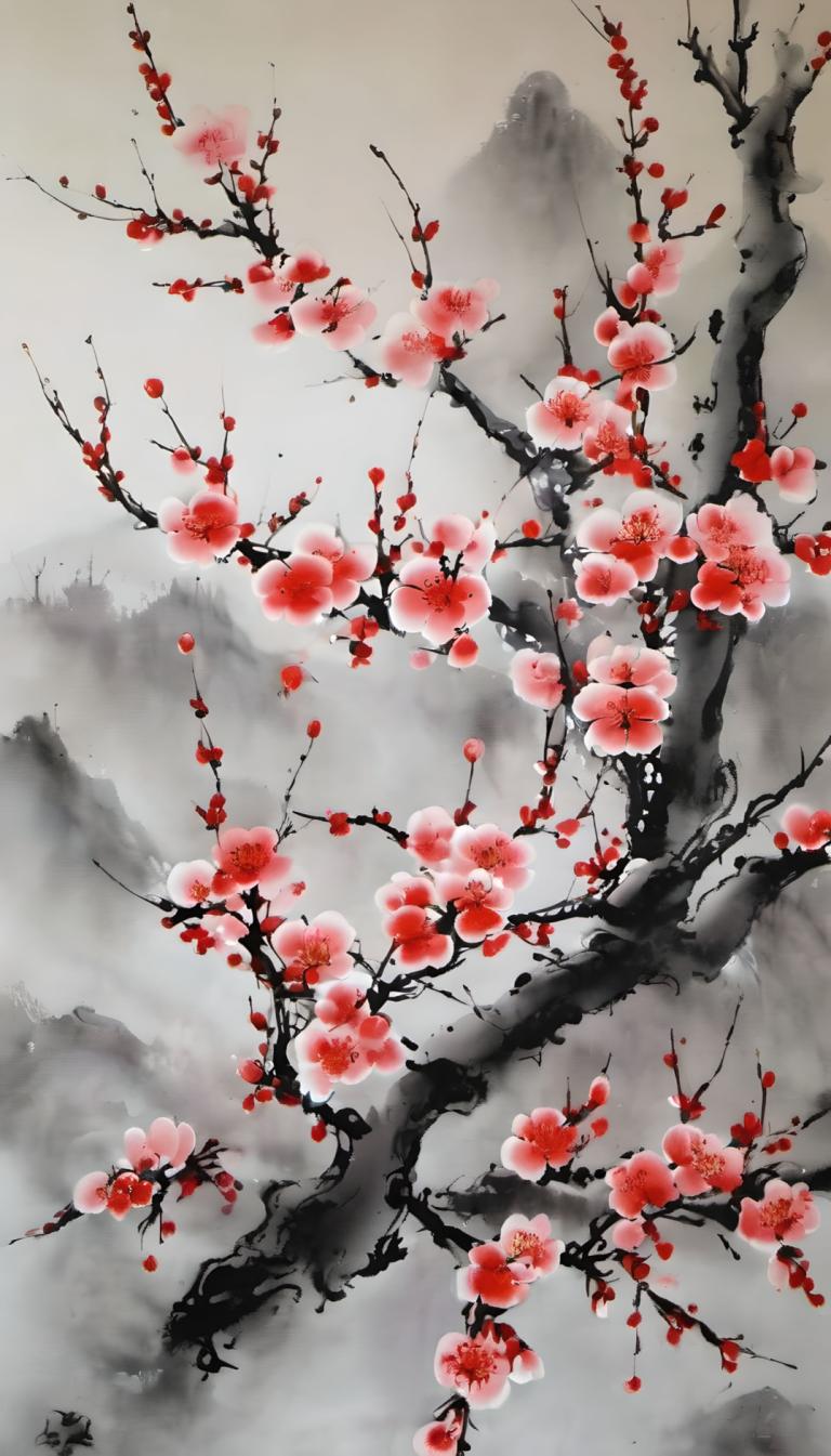 Chinese Paintings,Chinese Paintings, Nature, plum blossom, no humans, branch, tree, flower, scenery, mountain