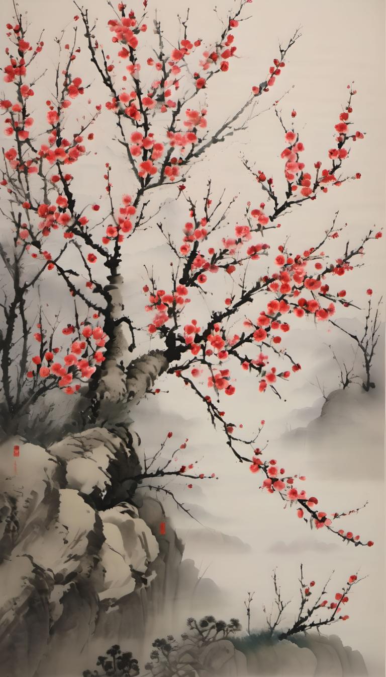 Chinese Paintings,Chinese Paintings, Nature, plum blossom, tree, no humans, scenery, flower, outdoors