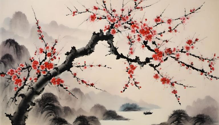 Chinese Paintings,Chinese Paintings, Nature, plum blossom, no humans, tree, branch, scenery, flower, outdoors