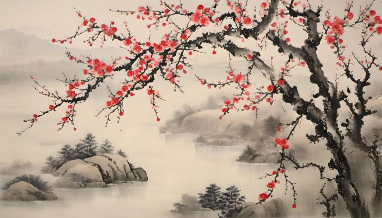 Chinese Paintings,Chinese Paintings, Nature, plum blossom, no humans, tree, scenery, flower, branch, outdoors