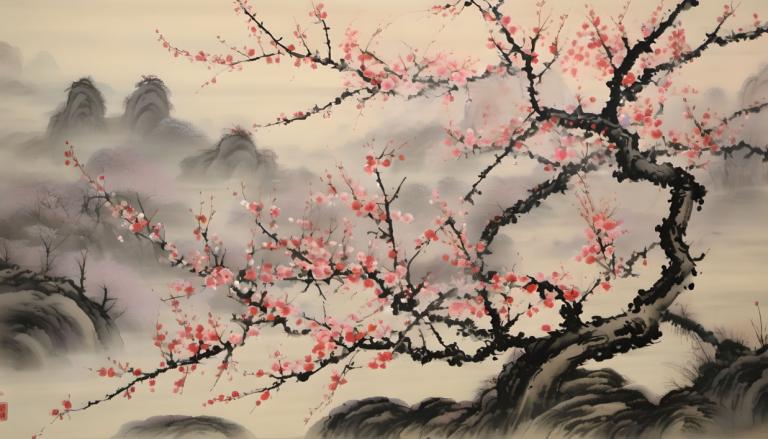 Chinese Paintings,Chinese Paintings, Nature, plum blossom, no humans, scenery, tree, fog, outdoors, cloud