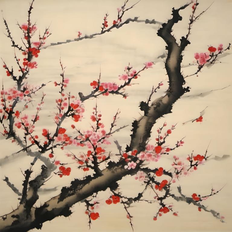 Chinese Paintings,Chinese Paintings, Nature, plum blossom, tree, branch, snow, flower, no humans, scenery