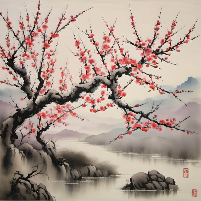 Chinese Paintings,Chinese Paintings, Nature, plum blossom, no humans, scenery, tree, outdoors, water, branch