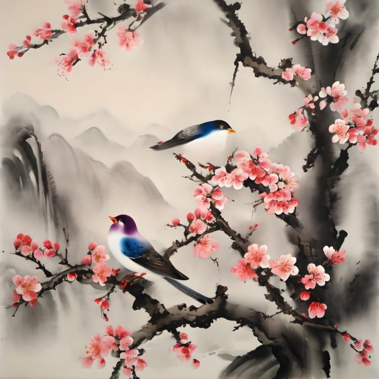 Chinese Paintings,Chinese Paintings, Nature, plum blossom, bird, no humans, branch, tree, flower