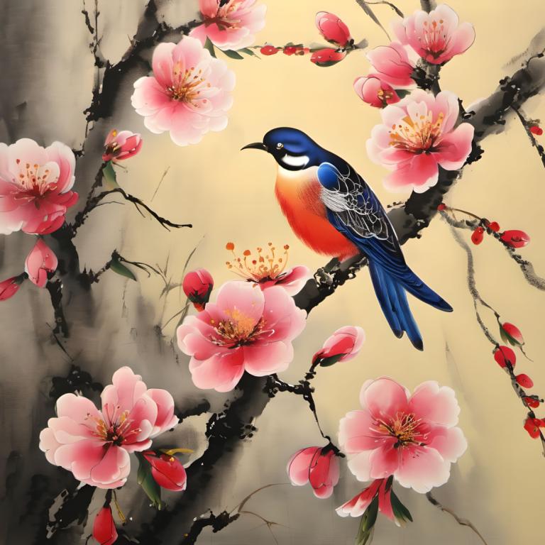 Chinese Paintings,Chinese Paintings, Nature, plum blossom, no humans, bird, branch, flower, animal focus