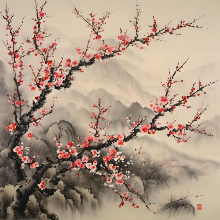 Chinese Paintings,Chinese Paintings, Nature, plum blossom, no humans, scenery, flower, tree, branch, outdoors