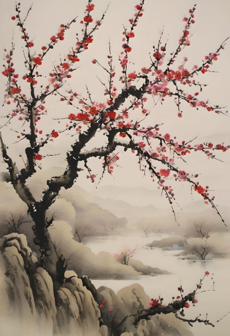 Chinese Paintings,Chinese Paintings, Nature, plum blossom, no humans, tree, scenery, outdoors, mountain