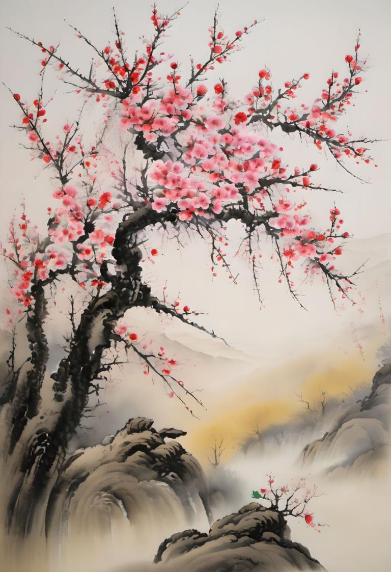 Chinese Paintings,Chinese Paintings, Nature, plum blossom, tree, scenery, mountain, 1girl, flower, no humans