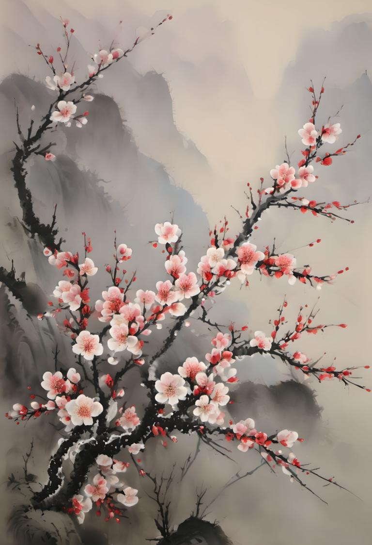 Chinese Paintings,Chinese Paintings, Nature, plum blossom, no humans, branch, tree, scenery, flower, outdoors