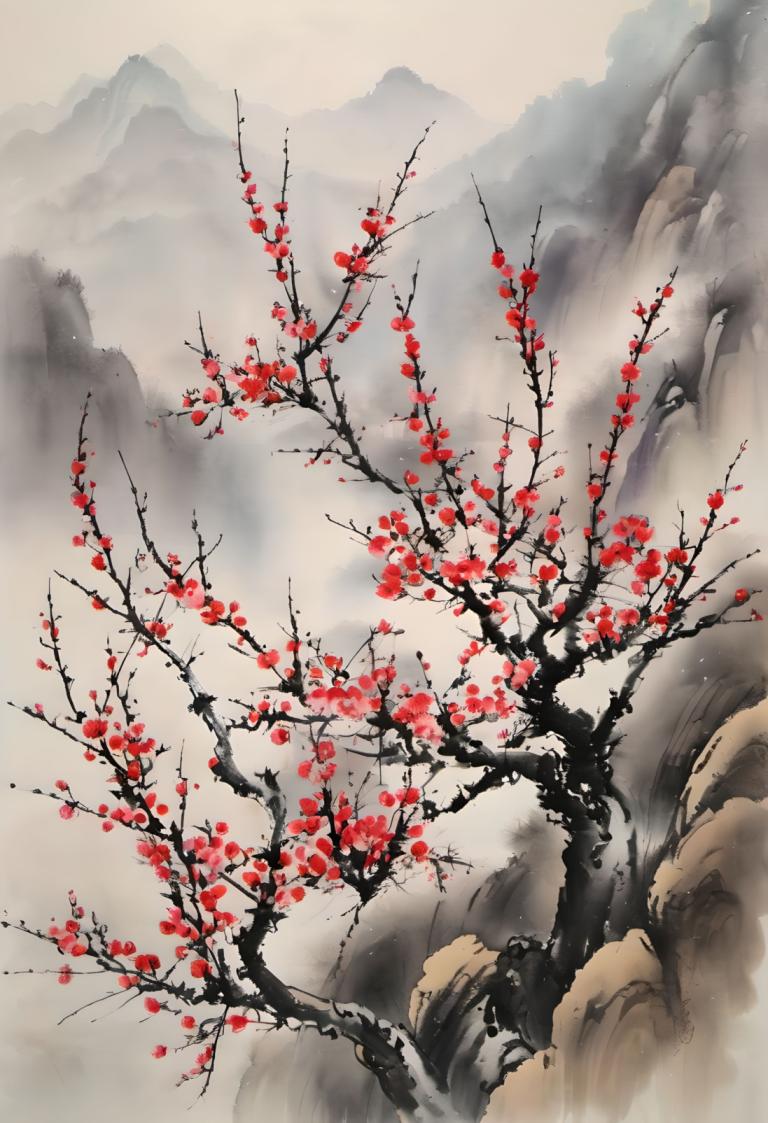 Chinese Paintings,Chinese Paintings, Nature, plum blossom, no humans, tree, scenery, outdoors, mountain