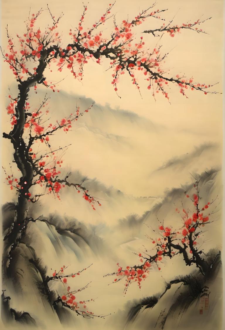 Chinese Paintings,Chinese Paintings, Nature, plum blossom, scenery, no humans, tree, mountain, outdoors, sky