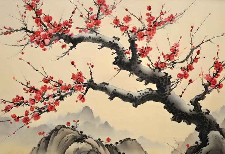 Chinese Paintings,Chinese Paintings, Nature, plum blossom, no humans, scenery, tree, flower, outdoors, sky