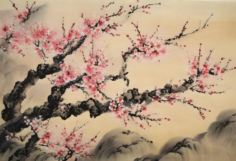 Chinese Paintings,Chinese Paintings, Nature, plum blossom, no humans, cherry blossoms, tree, branch, scenery