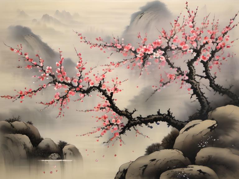 Chinese Paintings,Chinese Paintings, Nature, plum blossom, no humans, scenery, rock, tree, outdoors