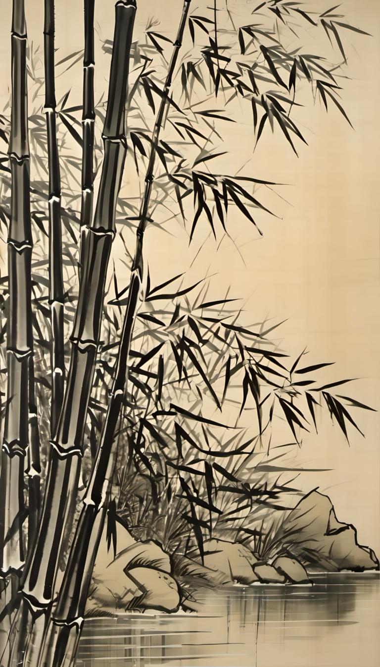 Chinese Paintings,Chinese Paintings, Nature, bamboo, bamboo, monochrome, no humans, nature, rock