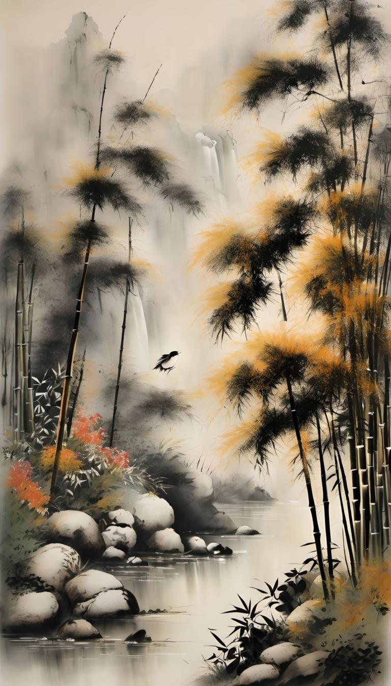 Chinese Paintings,Chinese Paintings, Nature, bamboo, waterfall, nature, no humans, bamboo, forest, water