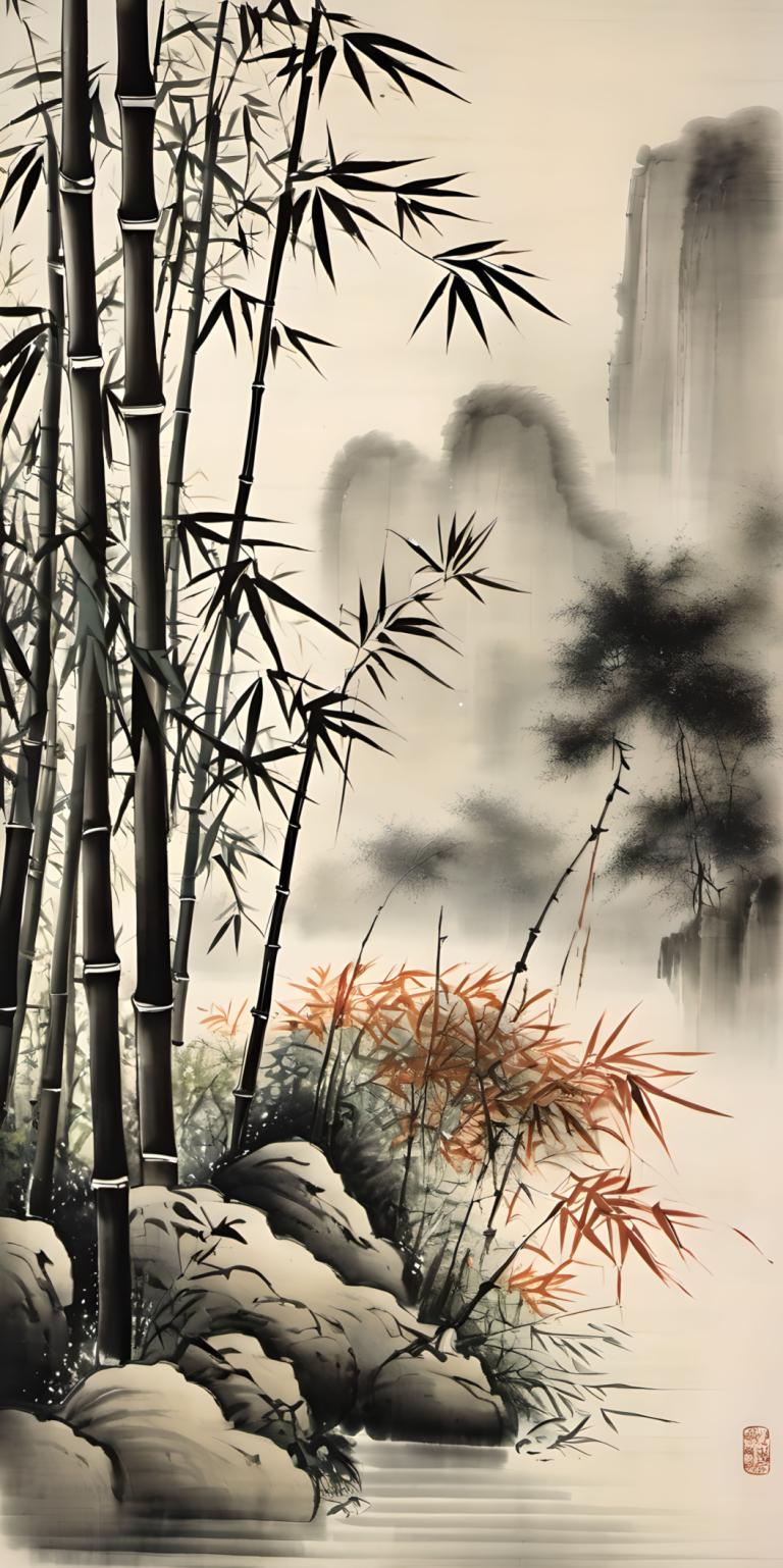 Chinese Paintings,Chinese Paintings, Nature, bamboo, no humans, bamboo, nature, scenery, smoke, waterfall