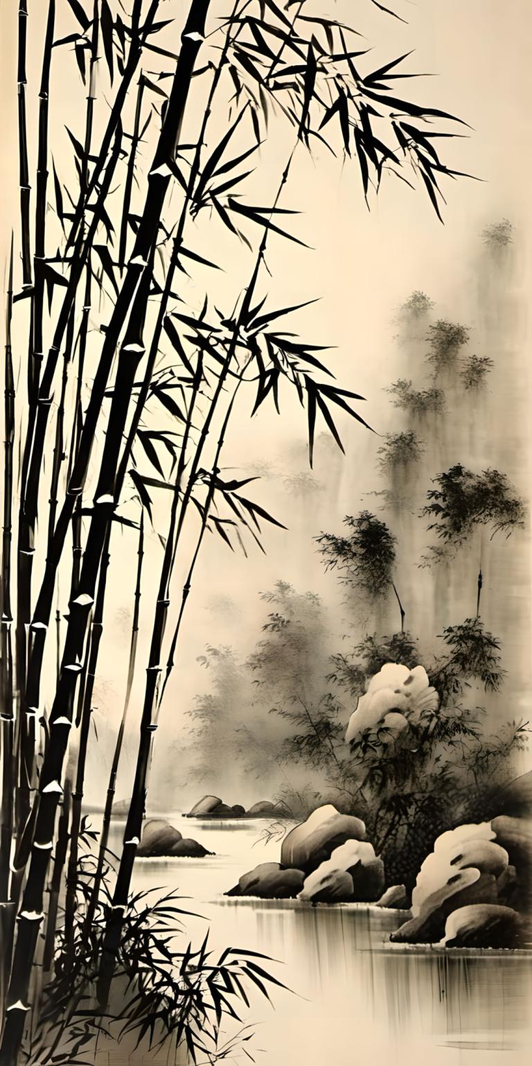 Chinese Paintings,Chinese Paintings, Nature, bamboo, no humans, bamboo, nature, monochrome, forest, scenery