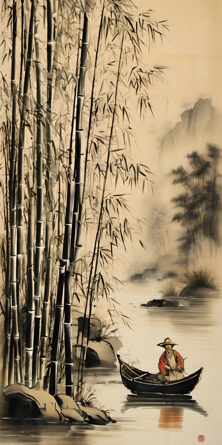 Chinese Paintings,Chinese Paintings, Nature, bamboo, watercraft, boat, bamboo, nature, water, 1boy, solo