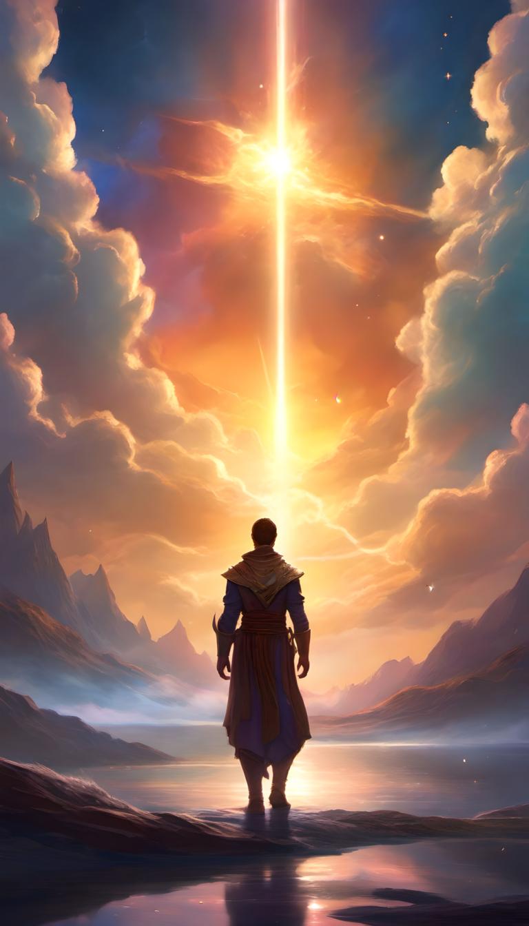 Fantasy Art,Fantasy Art, People, man, 1boy, male focus, sky, cloud, solo, sun, from behind, standing