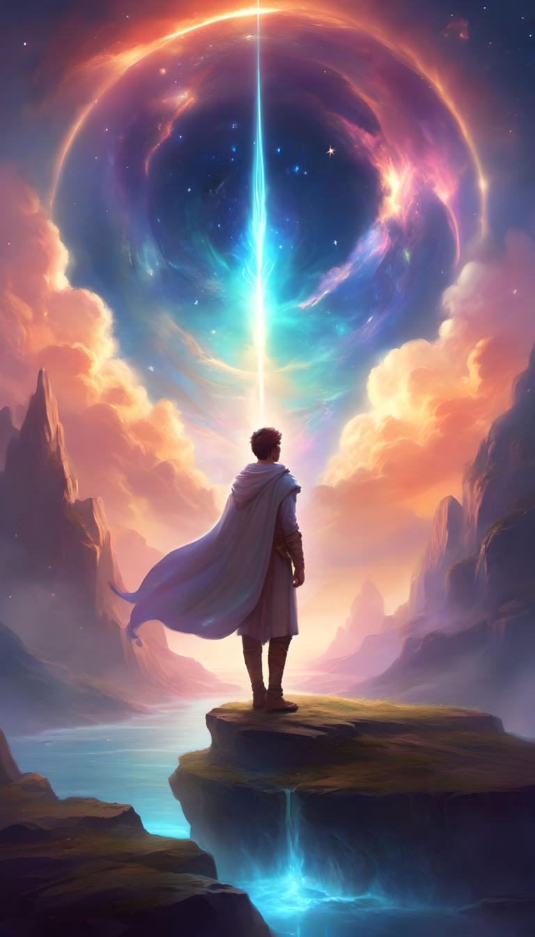 Fantasy Art,Fantasy Art, People, man, 1boy, solo, male focus, sky, cape, cloud, from behind, standing