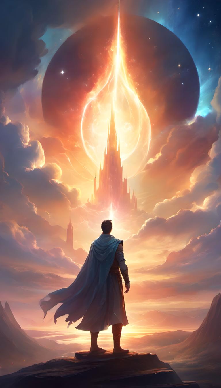 Fantasy Art,Fantasy Art, People, man, 1boy, solo, sky, cape, male focus, from behind, cloud, standing