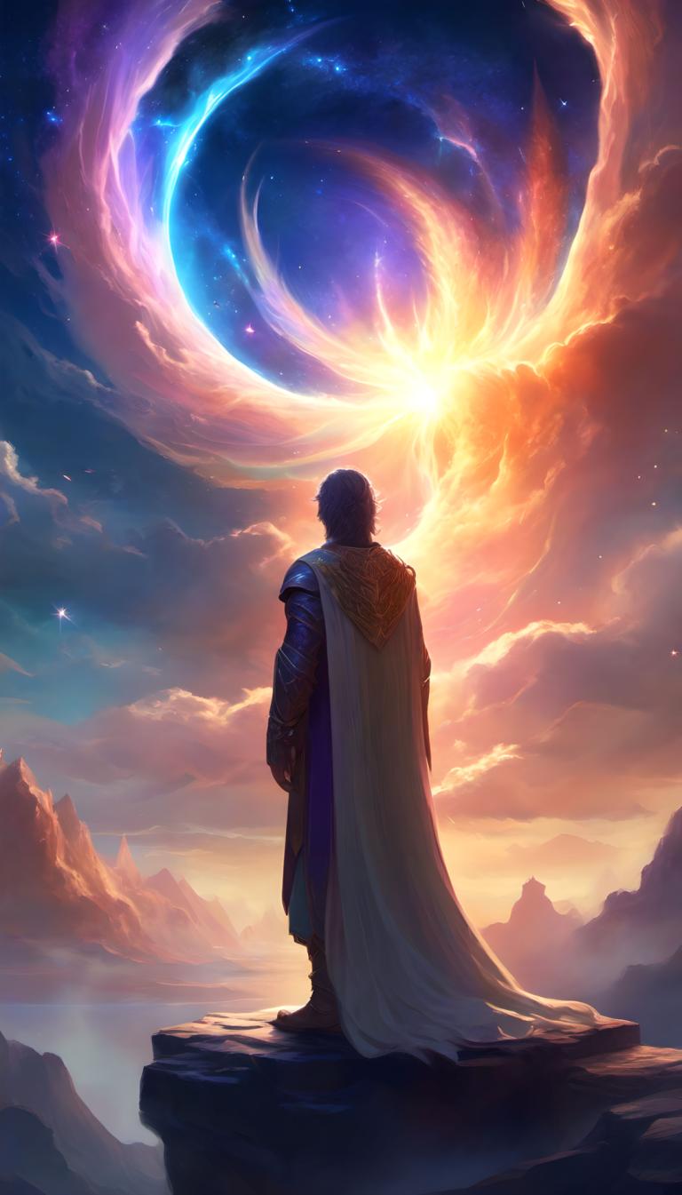 Fantasy Art,Fantasy Art, People, man, 1boy, male focus, solo, cape, sky, cloud, standing, from behind