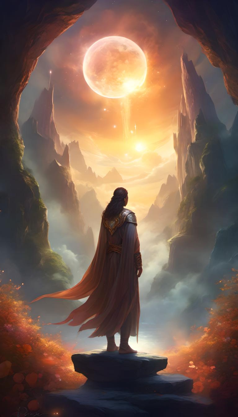 Fantasy Art,Fantasy Art, People, man, solo, 1boy, cape, moon, male focus, from behind, mountain, standing