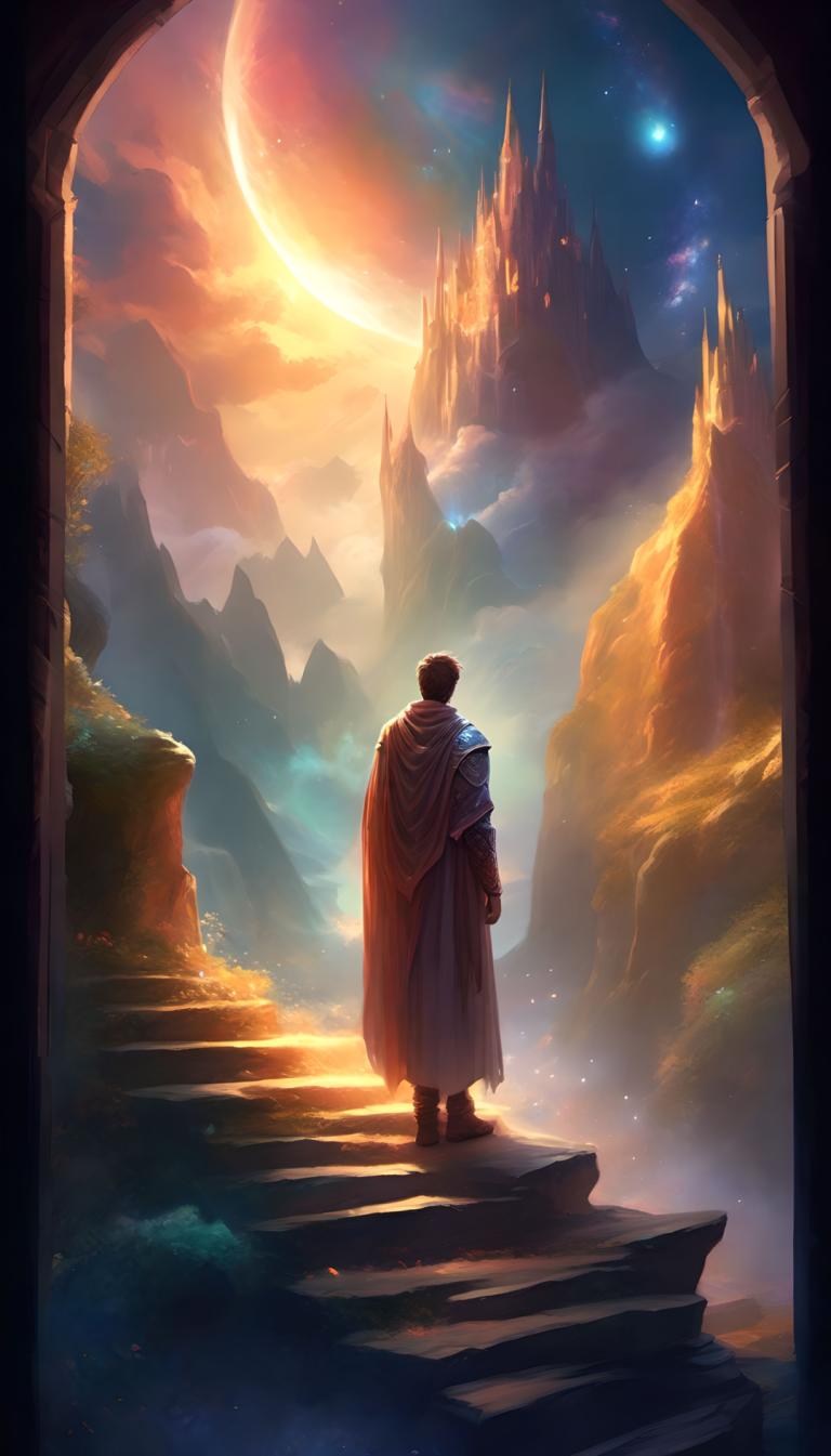 Fantasy Art,Fantasy Art, People, man, 1boy, male focus, solo, from behind, sky, cape, moon, standing, scenery