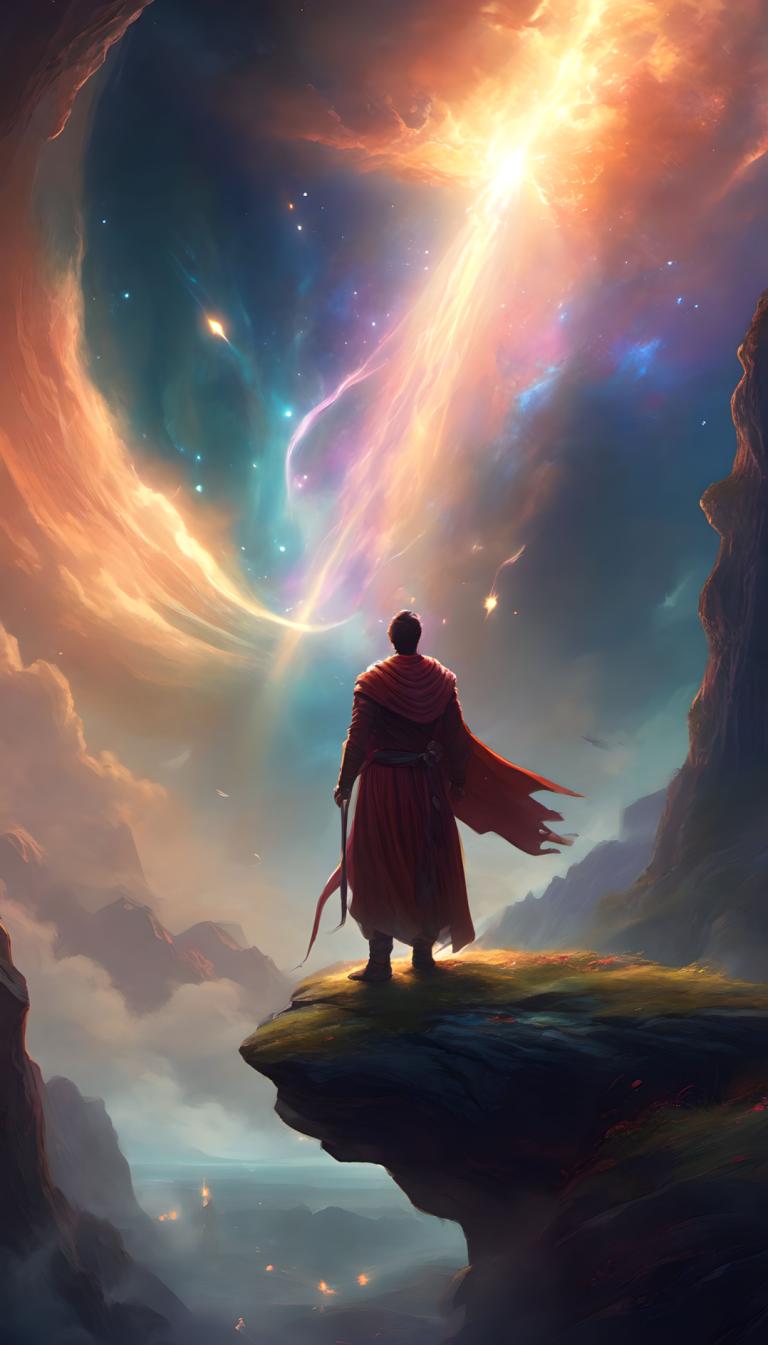 Fantasy Art,Fantasy Art, People, man, cape, from behind, 1boy, solo, sky, male focus, cloud, red cape