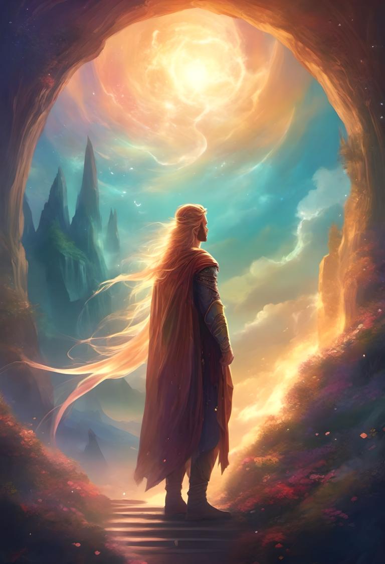 Fantasy Art,Fantasy Art, människor, man, långt hår, cape, solo, 1 pojke, manligt fokus, himmel, blont hår