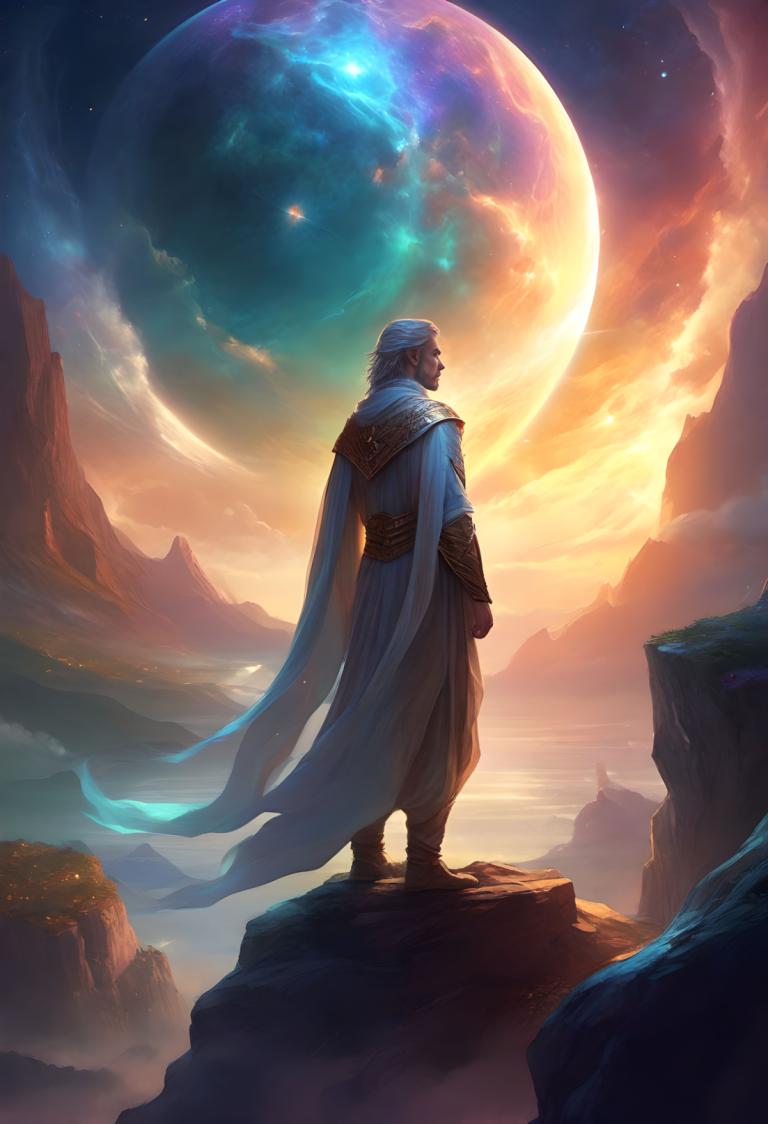 Fantasy Art,Fantasy Art, People, man, 1boy, solo, male focus, sky, cape, moon, planet, standing, cloud