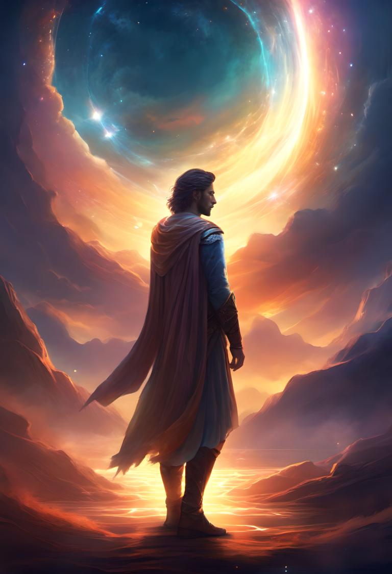 Fantasy Art,Fantasy Art, People, man, 1boy, solo, male focus, cape, sky, boots, cloud, standing, from behind