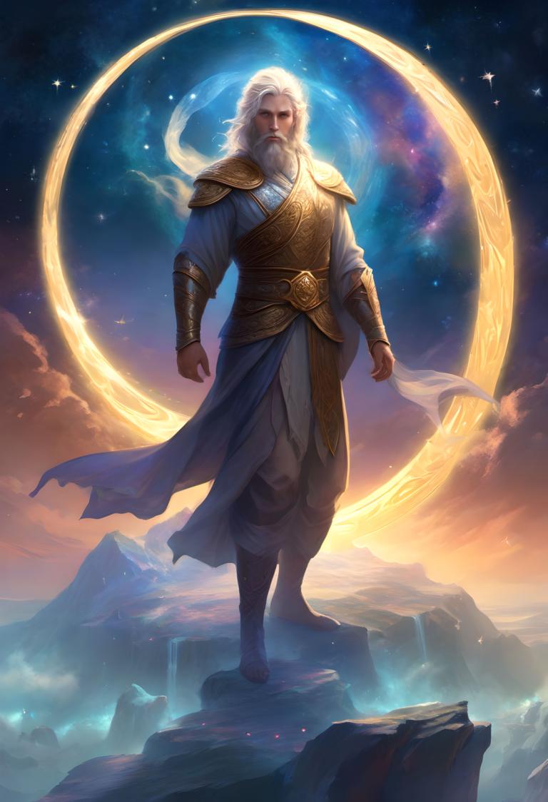 Fantasy Art,Fantasy Art, People, man, 1boy, male focus, white hair, solo, beard, facial hair, sky, full body