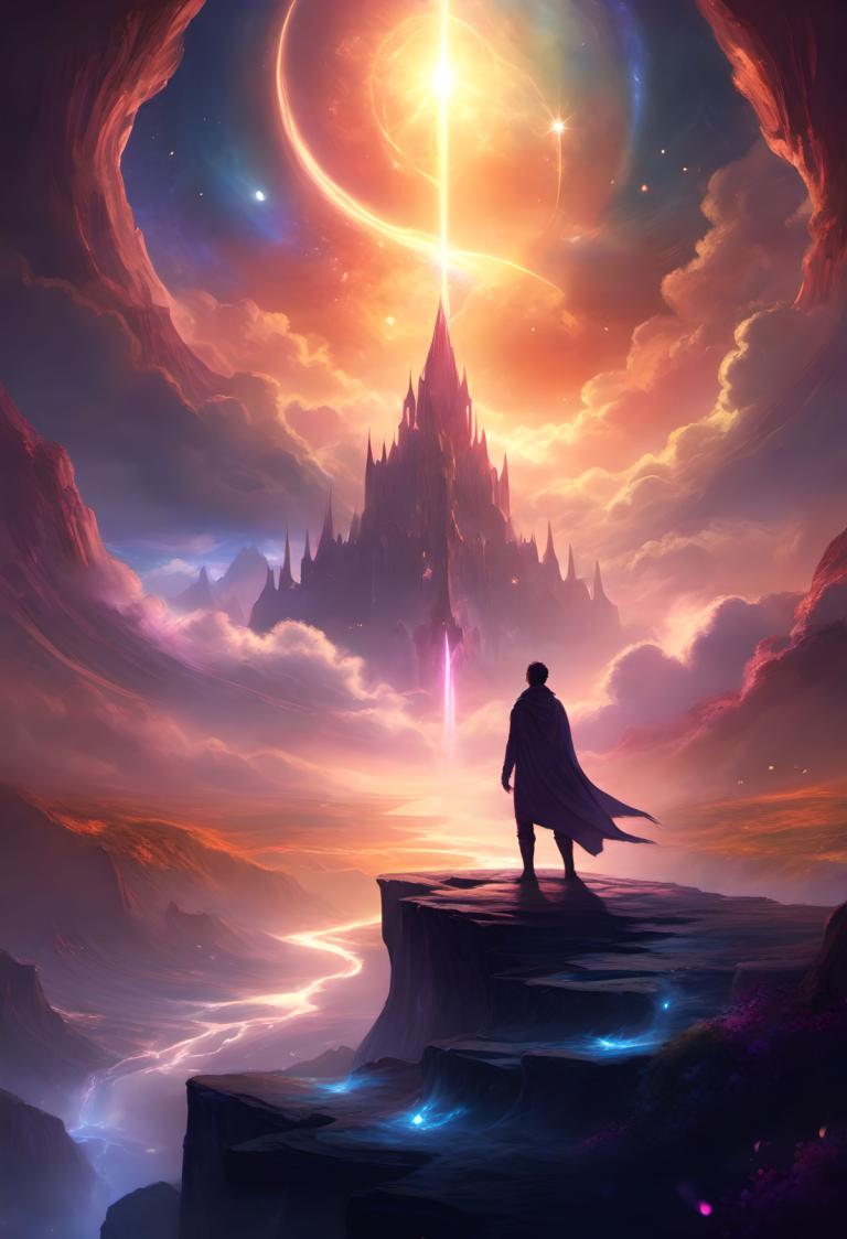 Fantasy Art,Fantasy Art, People, man, cloud, sky, solo, scenery, 1boy, moon, from behind, cape, standing