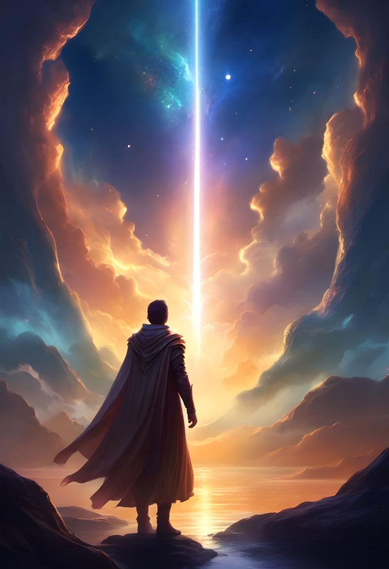 Fantasy Art,Fantasy Art, People, man, 1boy, solo, male focus, sky, cape, cloud, from behind, standing, sunset