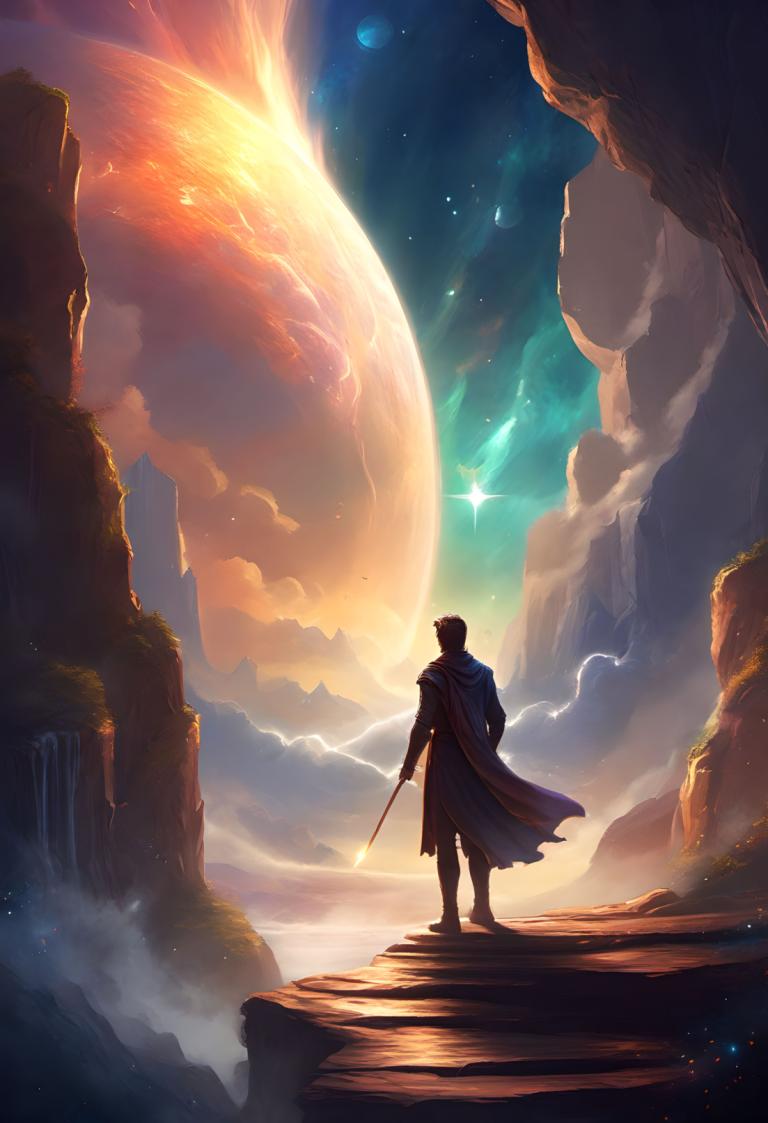 Fantasy Art,Fantasy Art, People, man, 1boy, sky, waterfall, cloud, male focus, solo, from behind, standing